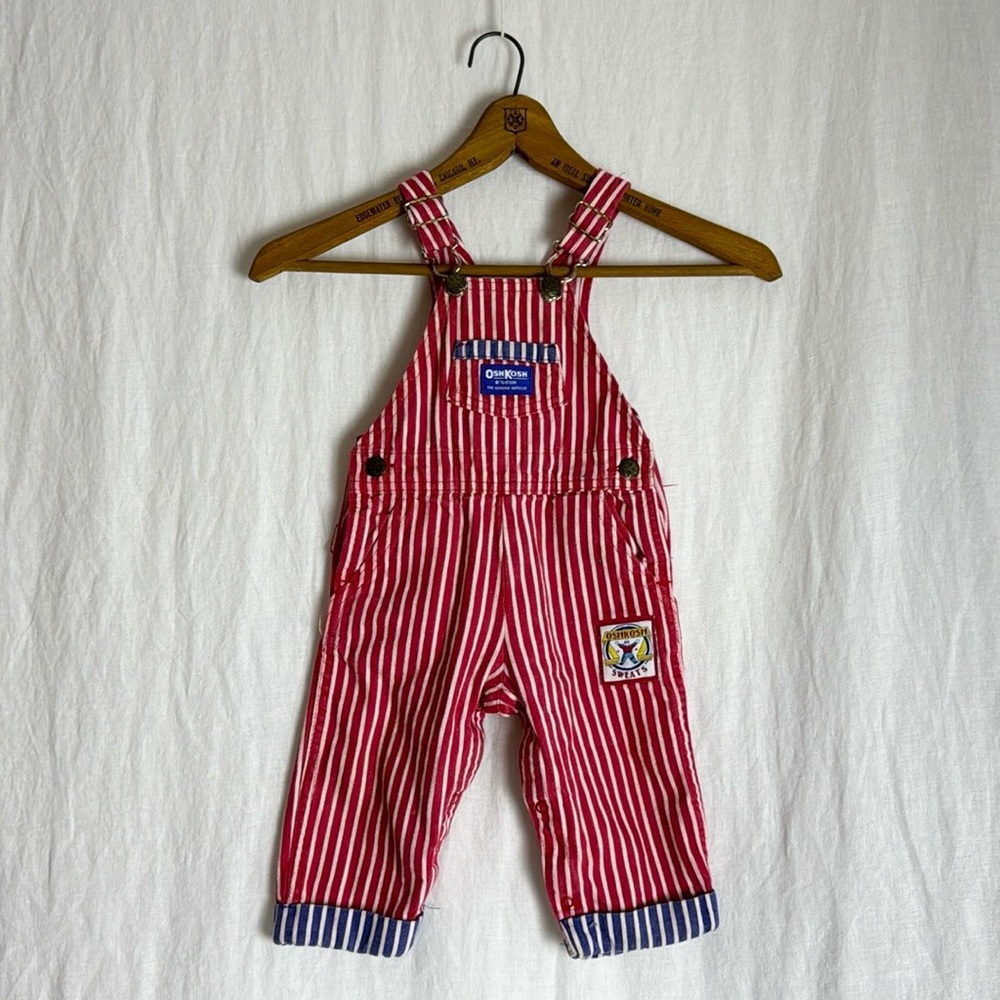 Vintage OshKosh B’Gosh Railroad Stripe Overall Patch Detail Size 18 Months